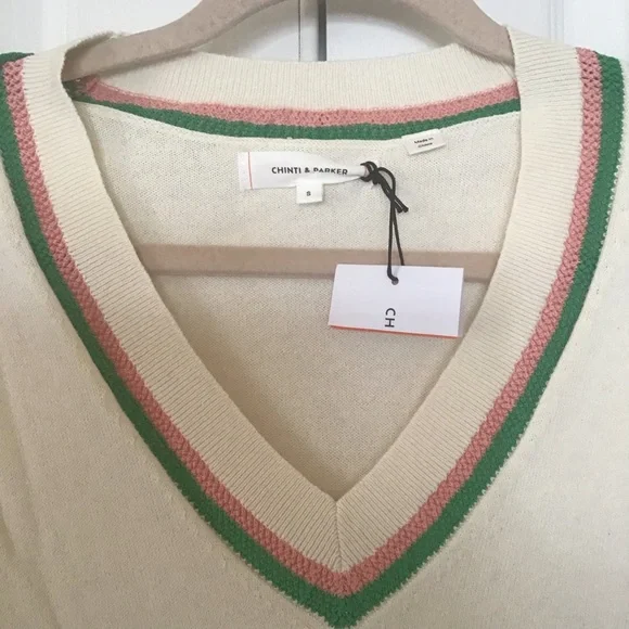 Chinti & Parker beige sweater with pink green trim Sz S - Picture 4 of 5